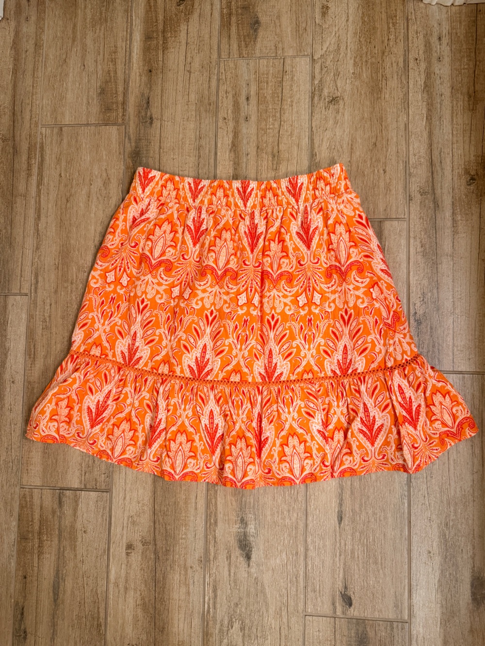 LOFT Orange and Red Paisley Ruffle Hem Skirt